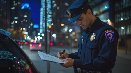 A dedicated police officer diligently writes a report at night on a bustling city street, illuminated by vibrant lights and blurred traffic, embodying urban duty and community safety.の素材