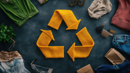 Vibrant recycling symbol crafted from yellow yarn, surrounded by eco-friendly textiles and accessories, showcasing sustainable fashion and a commitment to the environment.の素材