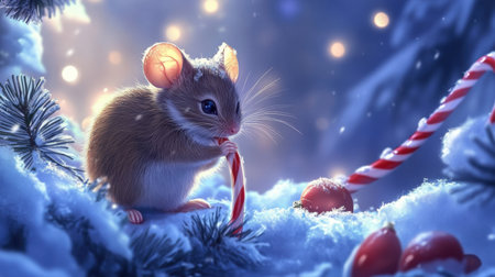 A cute little mouse holding a candy cane in a snowy landscape, surrounded by whimsical holiday lights and soft snow, creating a delightful winter scene.の素材