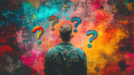 A man stands thoughtfully before a vibrant wall decorated with colorful question marks, evoking feelings of curiosity and introspection about life and choices.の素材