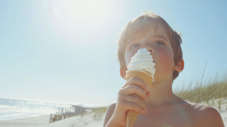 A cheerful child savoring a delicious ice cream cone at the beach, surrounded by the beauty of nature, capturing the essence of summer enjoyment and carefree childhood moments.の素材