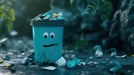 A blue trash can with a sad expression sits among scattered litter, highlighting environmental issues related to waste management and the need for better practices.の素材