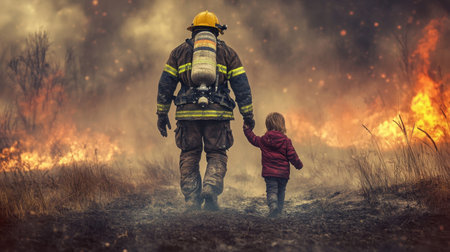 A firefighter walks hand in hand with a child through a smoky landscape filled with flames. This powerful image captures the essence of courage and protection in dangerous conditions.の素材