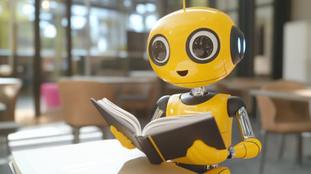 A cheerful yellow robot sits in a cozy library, happily reading a book. The modern setting features soft natural light, promoting themes of learning and innovation.の素材