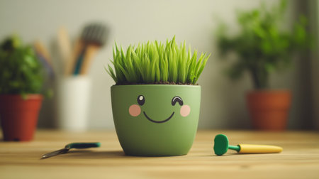 Brighten your space with this adorable green plant pot featuring a cute smiley face. Ideal for enhancing home decor and promoting a cheerful atmosphere in any environment.の素材