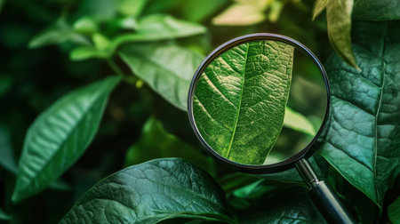 A stunning close-up photo showcasing a leaf magnified through a glass, highlighting rich textures amidst vibrant green foliage, perfect for nature and botany themes.の素材