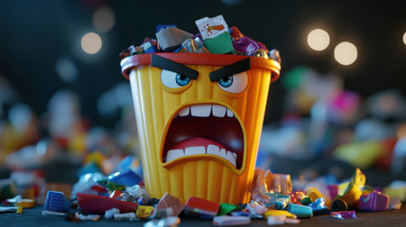 This vibrant image features an angry cartoon trash bin filled with colorful waste, serving as a creative representation of the environmental issues associated with littering.の素材