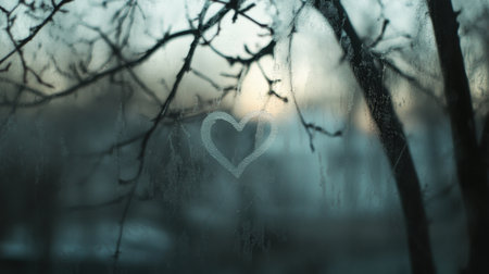 A heart shape etched on a foggy window captures the essence of winter mornings, surrounded by bare branches, creating a serene atmosphere filled with love and warmth.の素材