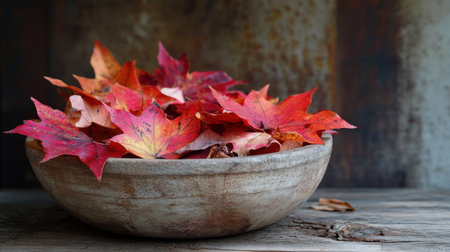 A rustic bowl filled with vibrant red autumn leaves showcases the beauty of fall, perfect for seasonal decorations and evoking warm, cozy feelings.の素材
