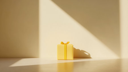 A charming yellow gift box sits in a serene setting, illuminated by soft sunlight and creating gentle shadows, perfect for conveying warmth and celebration in any design project.の素材