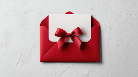A beautifully crafted red envelope featuring a white card and a satin bow, ideal for various occasions such as weddings, birthdays, or holidays. Captured against a soft textured background.の素材