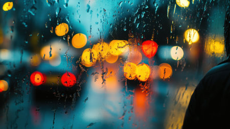 Captivating raindrops on a window create a beautiful interplay of colorful blurred lights from the city street, evoking a cozy yet melancholic urban atmosphere at night.の素材