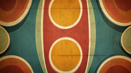 This image features an abstract retro design showcasing bold circular patterns in a warm color palette, perfect for enhancing visual interest in creative projects.の素材