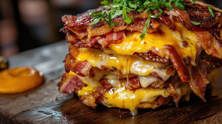 A mouthwatering gourmet bacon cheeseburger features layers of crispy bacon and melted cheese, beautifully presented on a wooden board, perfect for any food lover.の素材