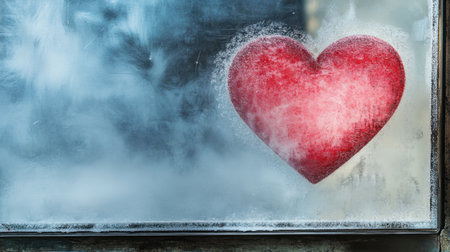 A vibrant red heart shape stands out against a frosted window, symbolizing love and warmth amidst the cold atmosphere, perfect for romantic occasions and winter themes.の素材