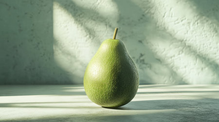 A vibrant green pear stands alone on a minimalist surface, illuminated by soft natural light that highlights its texture and form, ideal for food and healthy eating themes.の素材