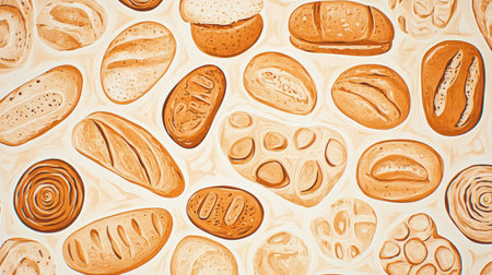 This inviting illustration presents an array of hand-drawn bread types, emphasizing texture and artisanal qualities in warm colors, perfect for culinary and food-related projects.の素材