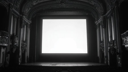 Experience the grandeur of a vintage theater with a blank screen, evoking nostalgia and cultural richness, ideal for film presentations and artistic events in a historic ambiance.の素材
