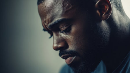 A striking close-up portrait capturing a man in deep contemplation, showcasing his emotions and vulnerability through a powerful expression and play of light and shadow.の素材