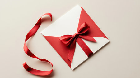 An elegant red and white gift envelope adorned with a stylish bow and ribbon, ideal for special occasions, adding a touch of charm and sophistication to your celebrations.の素材