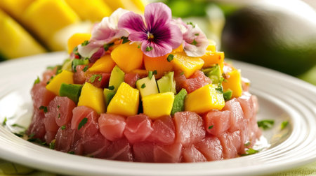 A vibrant and colorful dish featuring fresh tuna tartare topped with ripe mango and avocado, elegantly garnished with edible flowers, perfect for summer dining and gourmet experiences.の素材