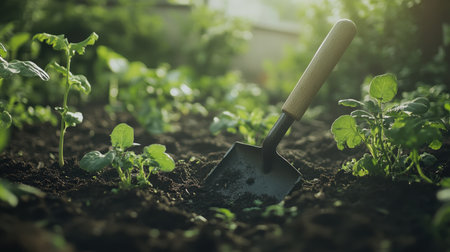 A close view of a garden spade resting in rich soil, surrounded by green seedlings, capturing the essence of gardening and nurturing plants in a sunlit environment.の素材