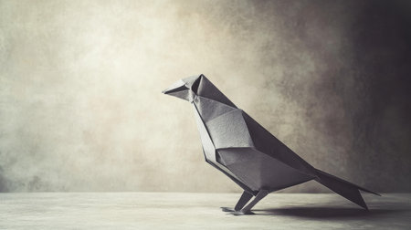A striking origami bird crafted from black paper, set against a soft, blurred background, evoking themes of art, creativity, and minimalism in an elegant composition.の素材