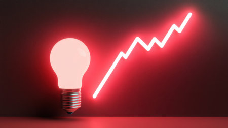 A glowing light bulb signifies innovative ideas alongside a red upward trend line, representing growth and success in a modern business environment.の素材