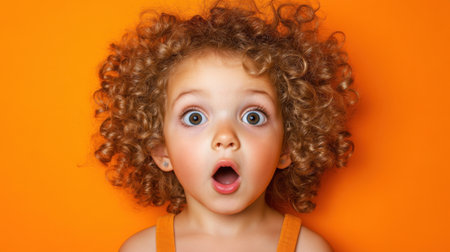 A charming young girl with curly hair displays an expression of surprise against an orange background, exuding joy and playful innocence in this delightful portrait.の素材