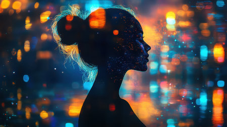 A mesmerizing silhouette of a woman set against a vibrant, colorful light backdrop, evoking feelings of serenity and artistic expression in an urban night scene.の素材