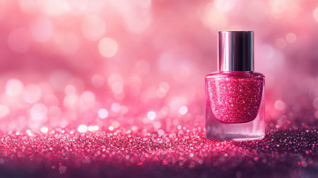 A vibrant image featuring a bottle of sparkling pink nail polish, surrounded by twinkling glitters and a soft pink background, perfect for beauty and fashion themes.の素材