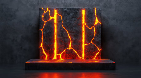 Vibrant lava background showcases glowing orange cracks in a dark stone wall, perfect for creative projects needing dramatic and modern visuals with fiery energy.の素材