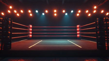 A captivating boxing ring is showcased, energized by brilliant lights and vibrant red ropes, setting the stage for an electrifying match atmosphere.の素材