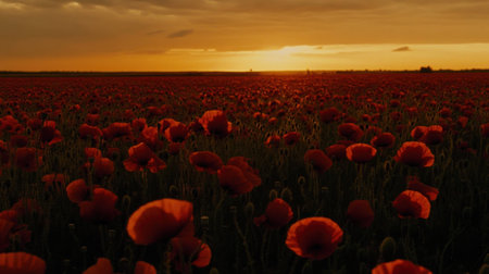 A stunning image showcasing a vast field of vibrant red poppies under a warm golden sunset, highlighting the beauty and tranquility of nature in full bloom.の素材