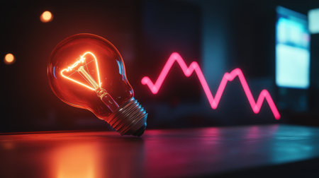 This image features a glowing light bulb set against an abstract trend graph, symbolizing innovation and the bright ideas that drive growth in business and technology environments.の素材