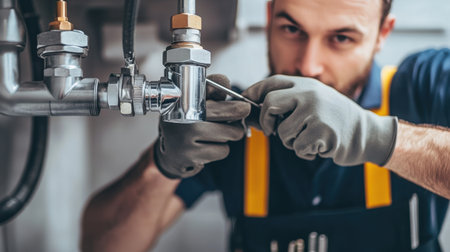 A skilled plumber engaged in detailed maintenance work, tightening a valve on pipes in a residential setting, highlighting the importance of plumbing services and expertise.の素材
