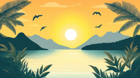 This vibrant illustration captures a serene sunset over calm waters, framed by mountains and silhouetted birds, evoking tranquility and nature's beauty.の素材