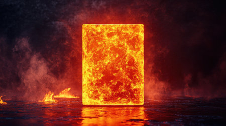 A vivid depiction of a glowing lava block radiating intense heat, set against a backdrop of dark smoke and flickering flames, showcasing nature's raw power.の素材