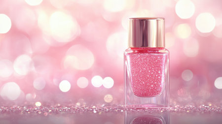 A shimmering pink nail polish bottle stands elegantly on a reflective surface, surrounded by a soft glittery background, perfect for beauty and fashion themes.の素材