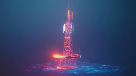 A striking representation of a futuristic communication tower illuminated with neon lights, surrounded by digital waves, showcasing the synergy of technology and connectivity in a modern environment.の素材