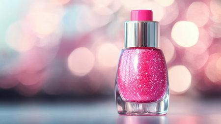 A vibrant pink nail polish sparkle in a clear bottle, set against a beautiful bokeh background, perfect for showcasing creative beauty and glamorous nail art.の素材