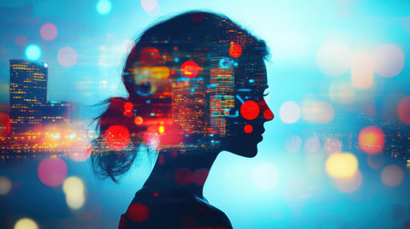 A striking silhouette of a woman against a colorful city skyline, capturing the essence of urban life intertwined with dreams and aspirations. An abstract composition that inspires creativity.の素材