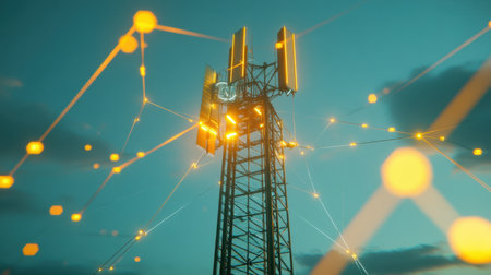 A striking communication tower surrounded by glowing connections against a darkening sky, symbolizing the advancements in technology and network connectivity in the modern world.の素材