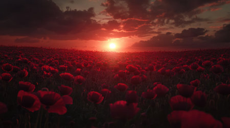 A stunning view of a field drenched in red poppies, illuminated by a warm sunrise. The dramatic clouds and serene atmosphere create a breathtaking natural landscape.の素材