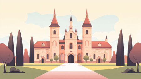 A stunning illustration of a fairy tale castle surrounded by a lush landscape, showcasing elegant towers and beautiful architecture in soft pastel colors. Perfect for fantasy themes.の素材