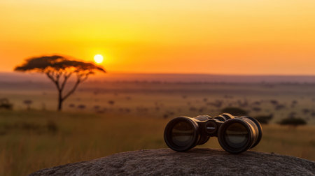 Experience the breathtaking beauty of a sunset over the African savanna, with binoculars in the foreground symbolizing wildlife exploration and adventure in nature.の素材