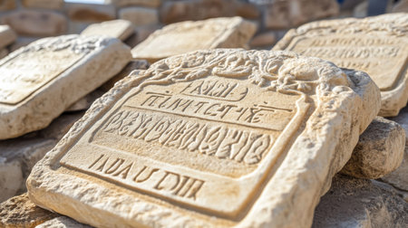 Captivating ancient stone tablets featuring intricate inscriptions are displayed in an archaeological site, reflecting the mysterious history and cultural heritage of an ancient civilization.の素材