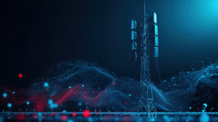 A striking image of a telecommunications tower surrounded by vibrant blue and red digital waves, symbolizing connectivity and the evolution of modern communication technologies.の素材