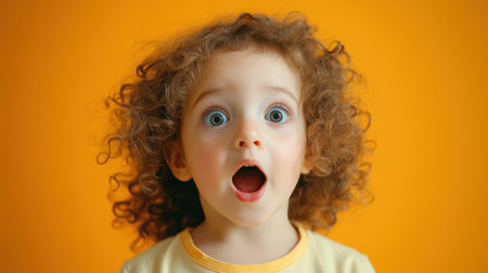 A charming portrait of a surprised child with curly hair expressing pure wonder against a bright orange backdrop, capturing joyful innocence and playful emotions.の素材