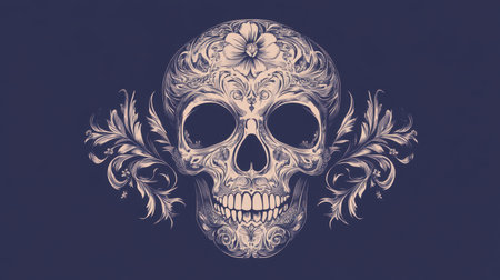This captivating artwork features an intricate skull design embellished with floral patterns, showcasing exquisite details perfect for artistic and creative projects.の素材